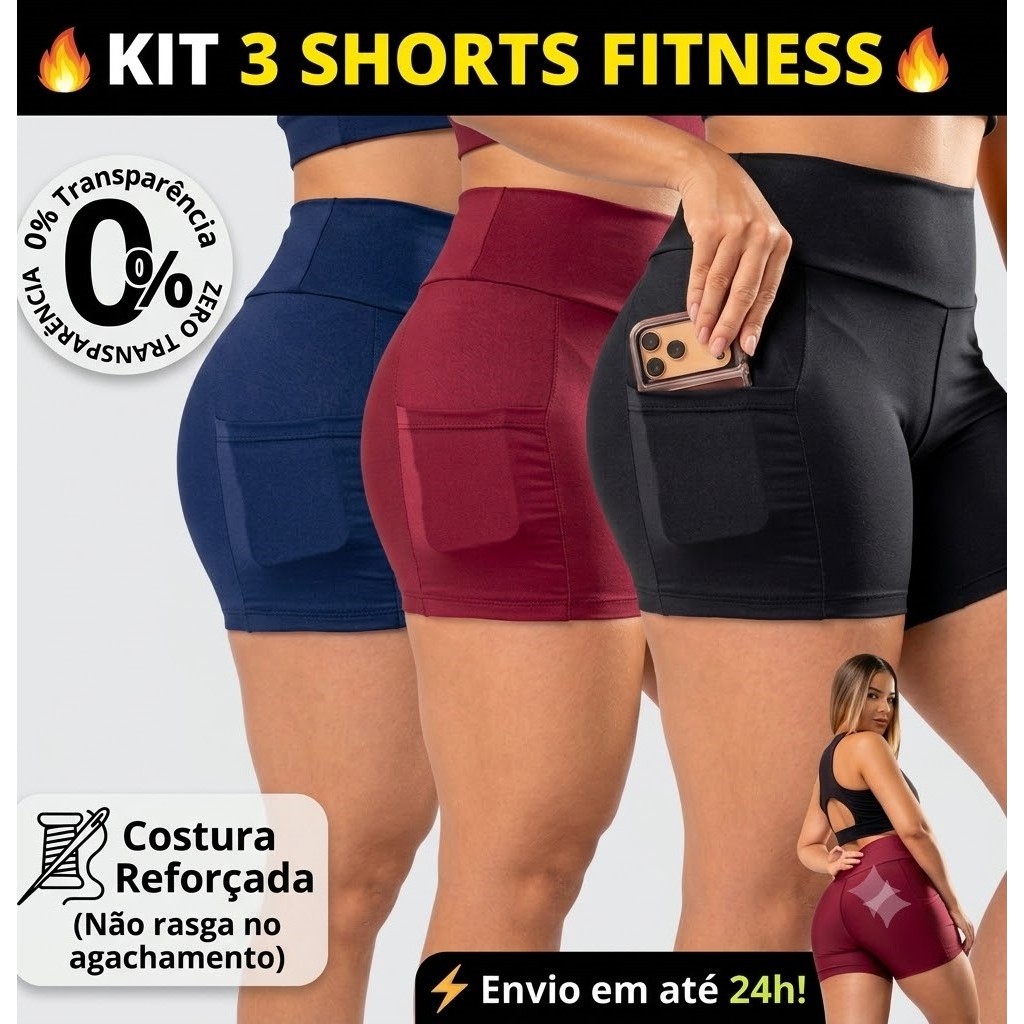 3 Short de Academia Feminino  Corrida Com Bolso Lateral Cintura Alta Suplex Premium