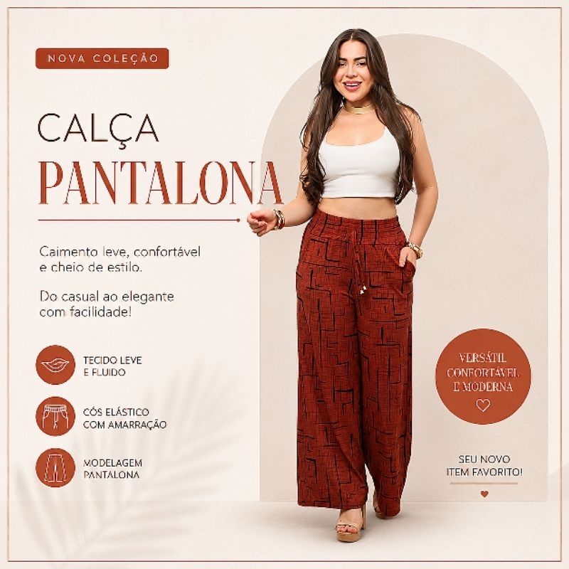 Calça Feminina pantalona Estampada Cintura Alta Elástico Com Bolso Wide Leg Moda Feminina Casual Confortável