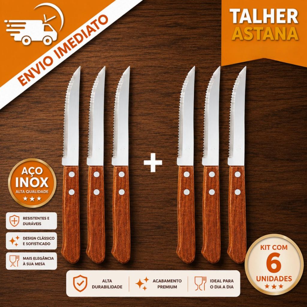 Jogo Talheres De Facas Astana Com 6 Peças Aço Inoxidável Restaurantes Casa Cozinha Churrasco Casutil
