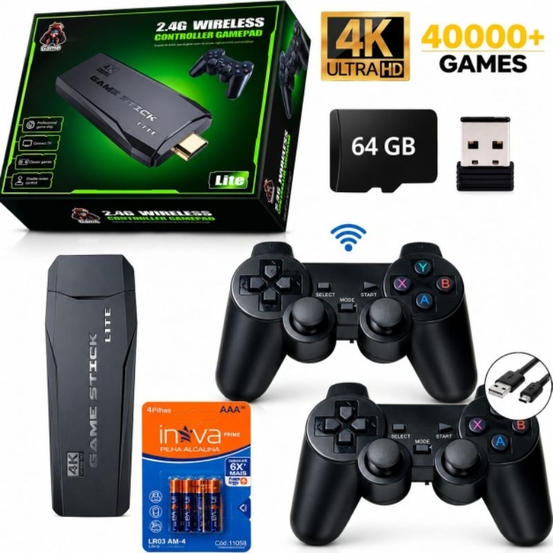 Video game Stick 4K Com 49000 Jogos 2 Controles SemFio + quatro pilha AAA Console Portatil jogos Retro Video Game