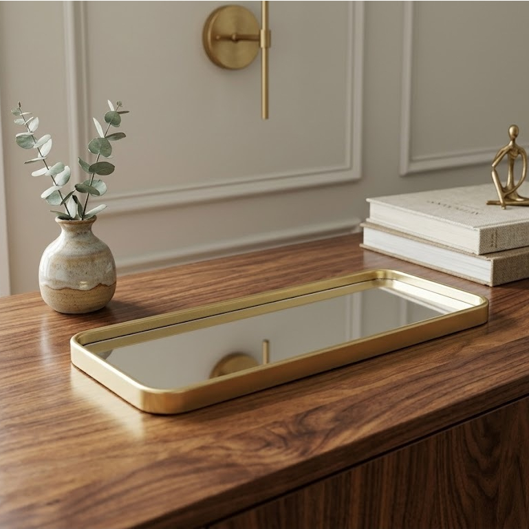 DECORAÇÃO ELEGANTE BANDEJA ESPELHADA DOURADA PARA AMBIENTES 30X10