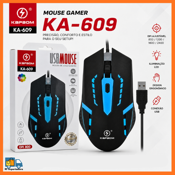 Mouse Com Fio USB Gamer Ergonômico LED E DPI 800 - Kapbom KA-609 - Prático E Compacto