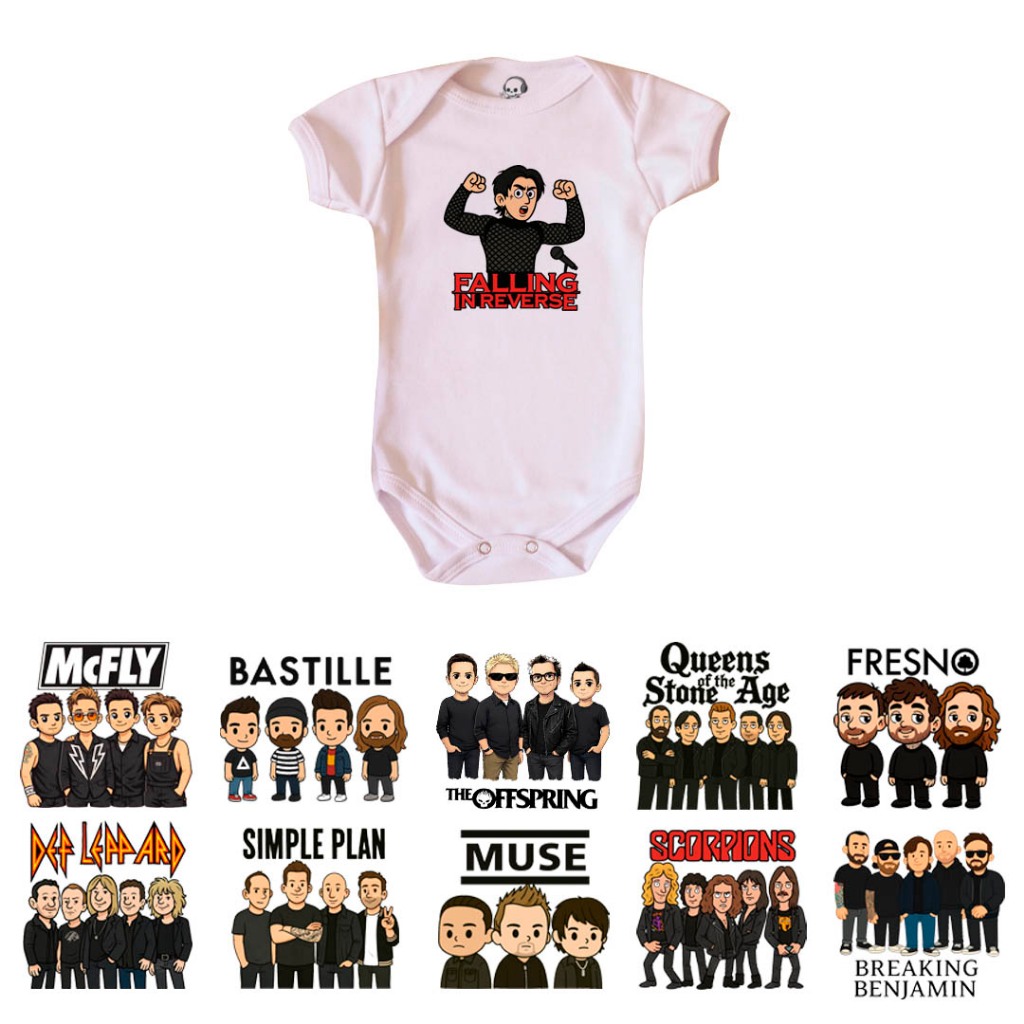 Body Bebê Rock Cartoon Fofo–Breaking Benjamin, Gorillaz, Simple Plan, Scorpions, Johnny Cash +Bandas