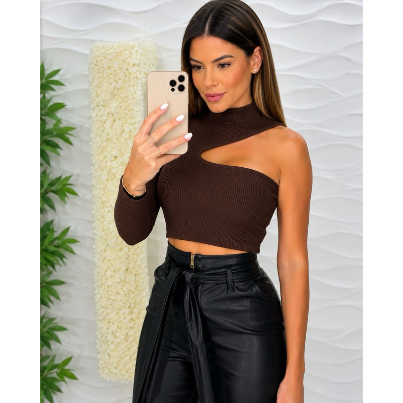 Cropped feminino manga longa mula manca moda gringa tendência inverno assimétrico frio uma manga modinha blogueirinha