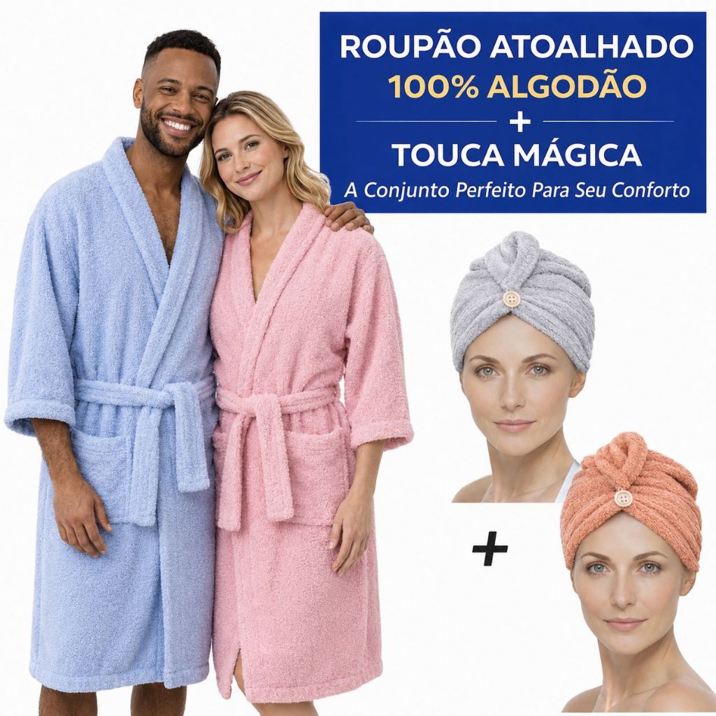 Roupão + Touca Magica Premium Atoalhado 100% Algodão M, G, GG de Banho Adulto Unissex Macio  Feminino Masculino