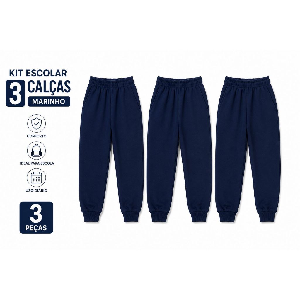 Kit 3 Calça Moletom Escolar Peluciada Masculina Infantil e Juvenil 2 ao 12 anos