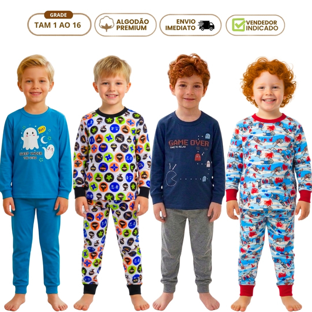 Kit 4 Pijama Masculino Infantil Frio Inverno Algodão Gamer Hérois Manga Longa Menino e Calça Punho