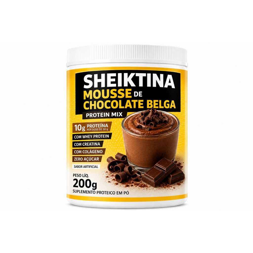 1 Sheiktina Protein Mix 200g – Mousse de Chocolate Belga com Whey Protein, Creatina, Colágeno e Zero Açúcar