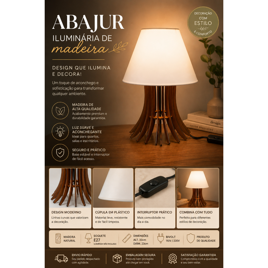 Abajur De Madeira Moderno Para Criado Mudo Luminaria Cabeceira De Cama Quarto Sala