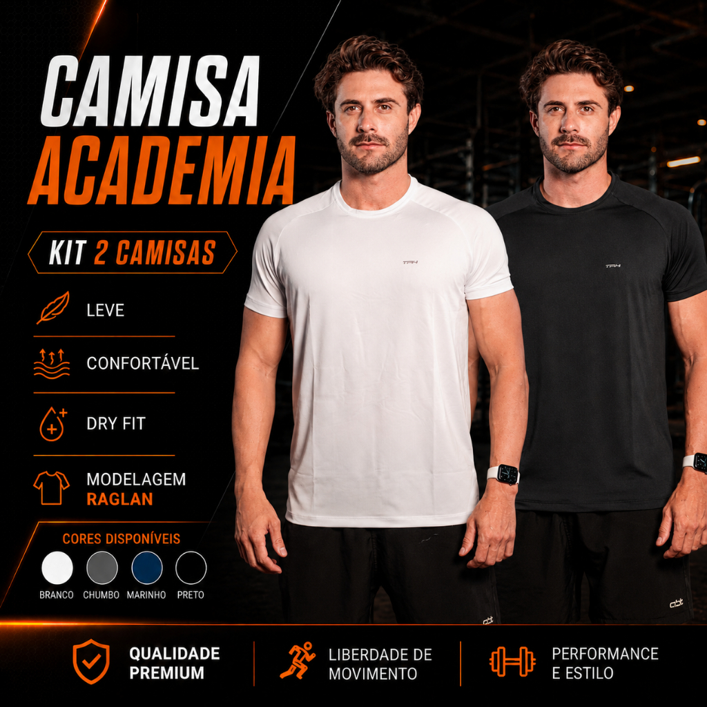 Kit 2 Camisetas Masculinas Academia Camisa Térmica de Treino Proteção UV Manga Curta Raglan
