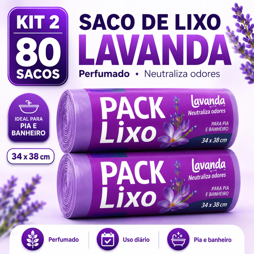 Saco Lixo Perfumado Lavanda Kit 80 Sacos 34x38Cm Pia Banheiro Anti Odor Reforcado — imagem 1