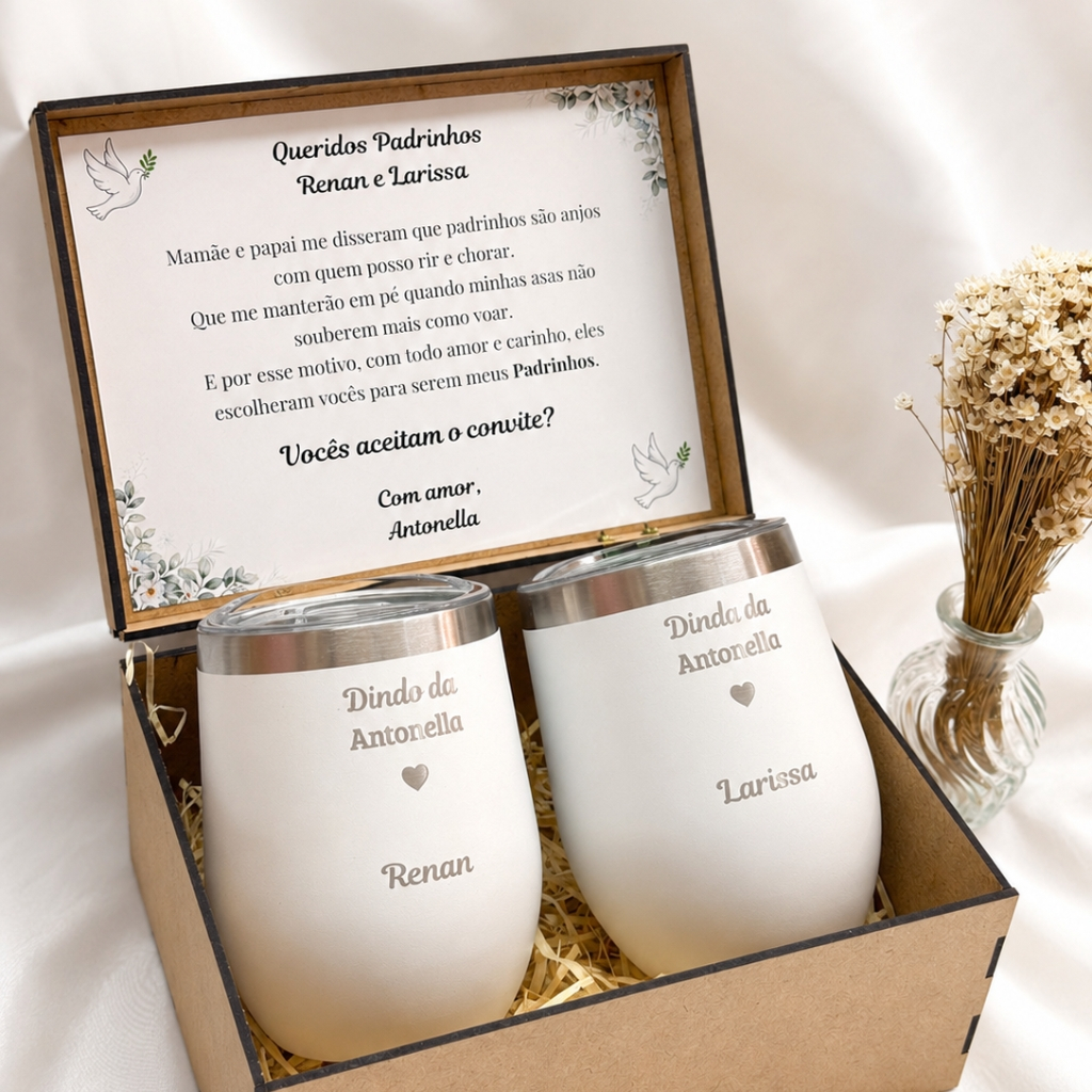 Kit Convite para Padrinhos com Copos Térmicos e Caixa MDF