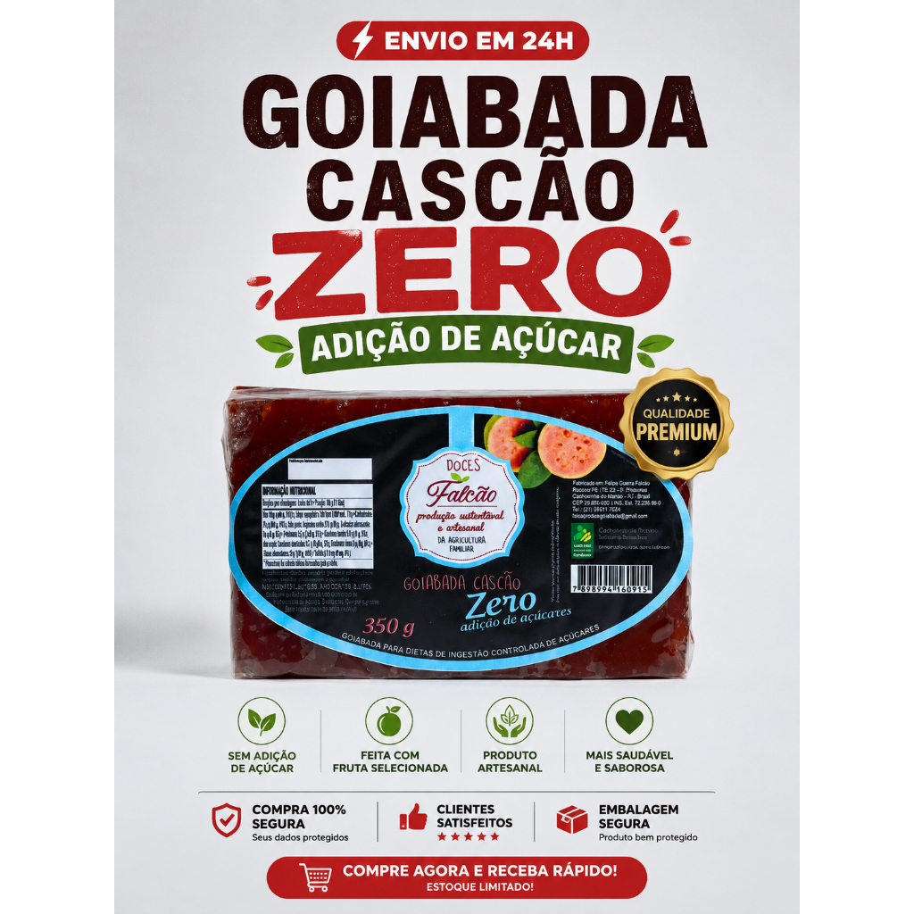 Goiabada Cascão 350g Diet Zero Adição de Açúcar Doce Artesanal Cremoso Barra Direto do Produtor