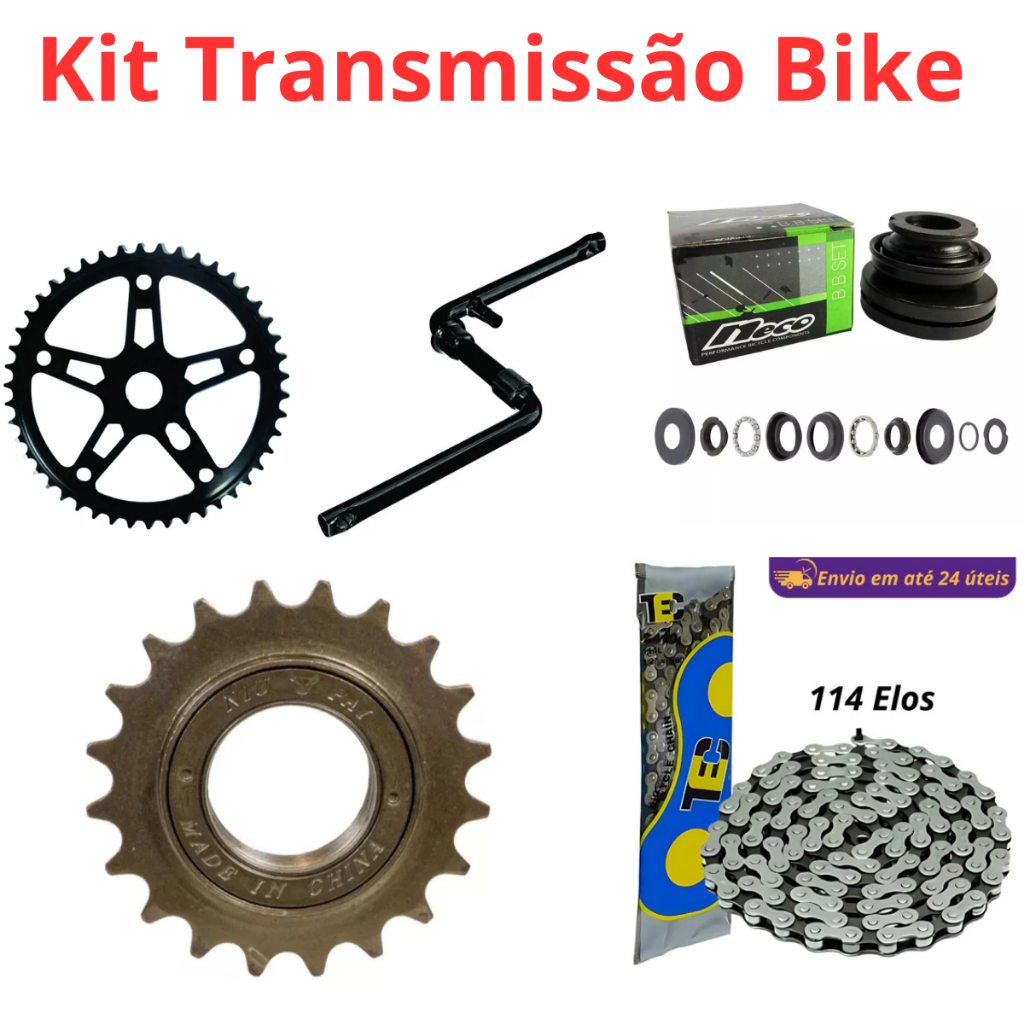 Kit Transmissão Bike Catraca 20 + Pe De Vela Aro 26 + Coroa 46 + Mov. Central + Corrente Grossa 5Pçs