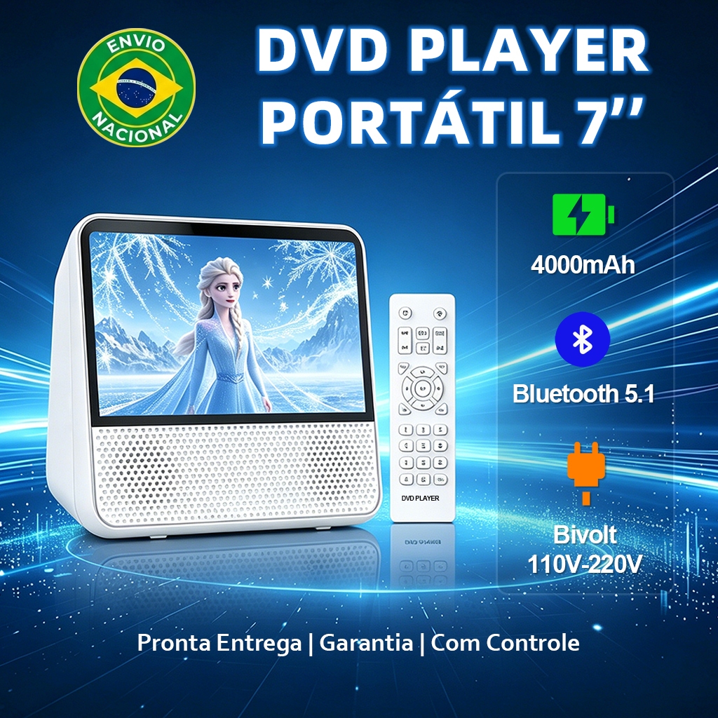 DVD Player Bluetooth Leitor de CD/DVD Recarregável Portátil com Tela HD de 7'' Alto-falante Com entradas USB/AV/AUX
