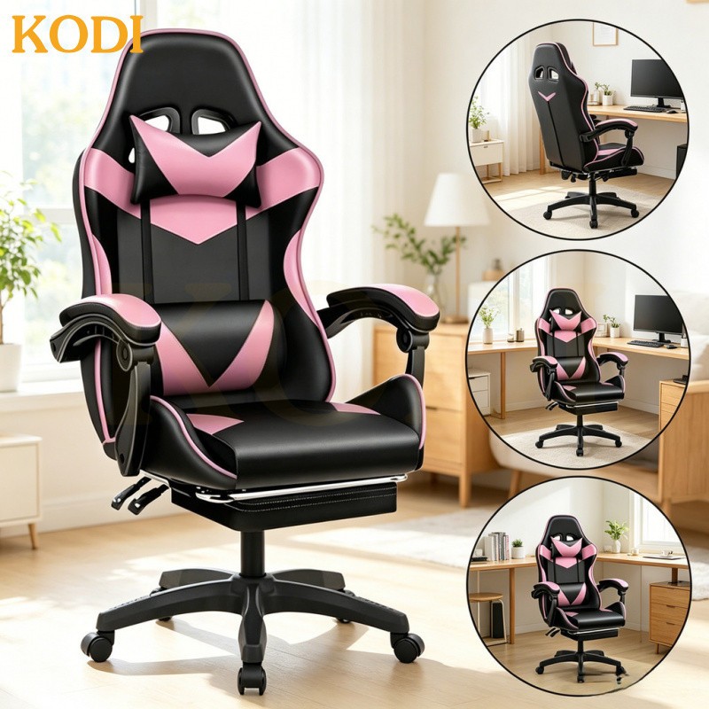Cadeira gamer Ergonômica Reclinável Altura Ajustável Reclina 180° Couro Sintético Giratória-F19