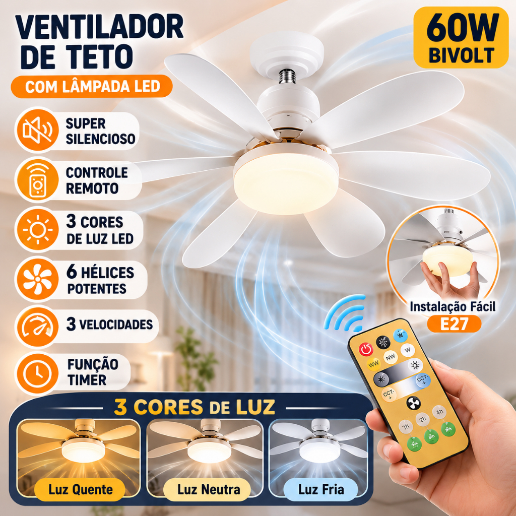 Ventilador De Teto Com Lâmpada LED 6 Hélices 42CM 60W Bivolt Silencioso Controle Remoto 3 Velocidades Timer