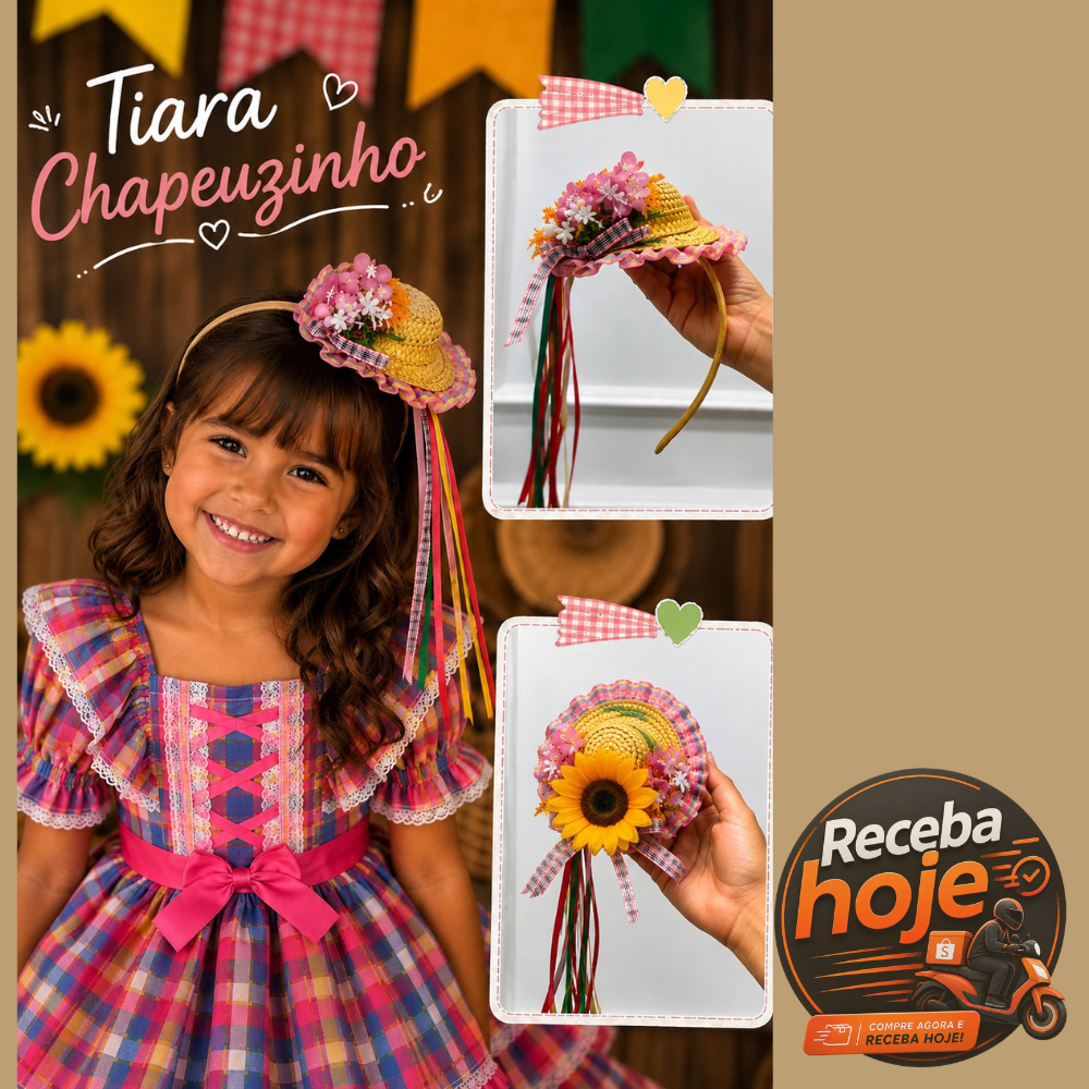 Chapéu Festa Junina Xadrez Acessório para Cabelo Tiara com Mini Chapeu Temático Adulto e Infantil