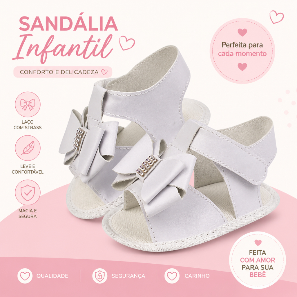 Sandália para Bebê Laço Branco com Strass feminino – Delicada e Confortável