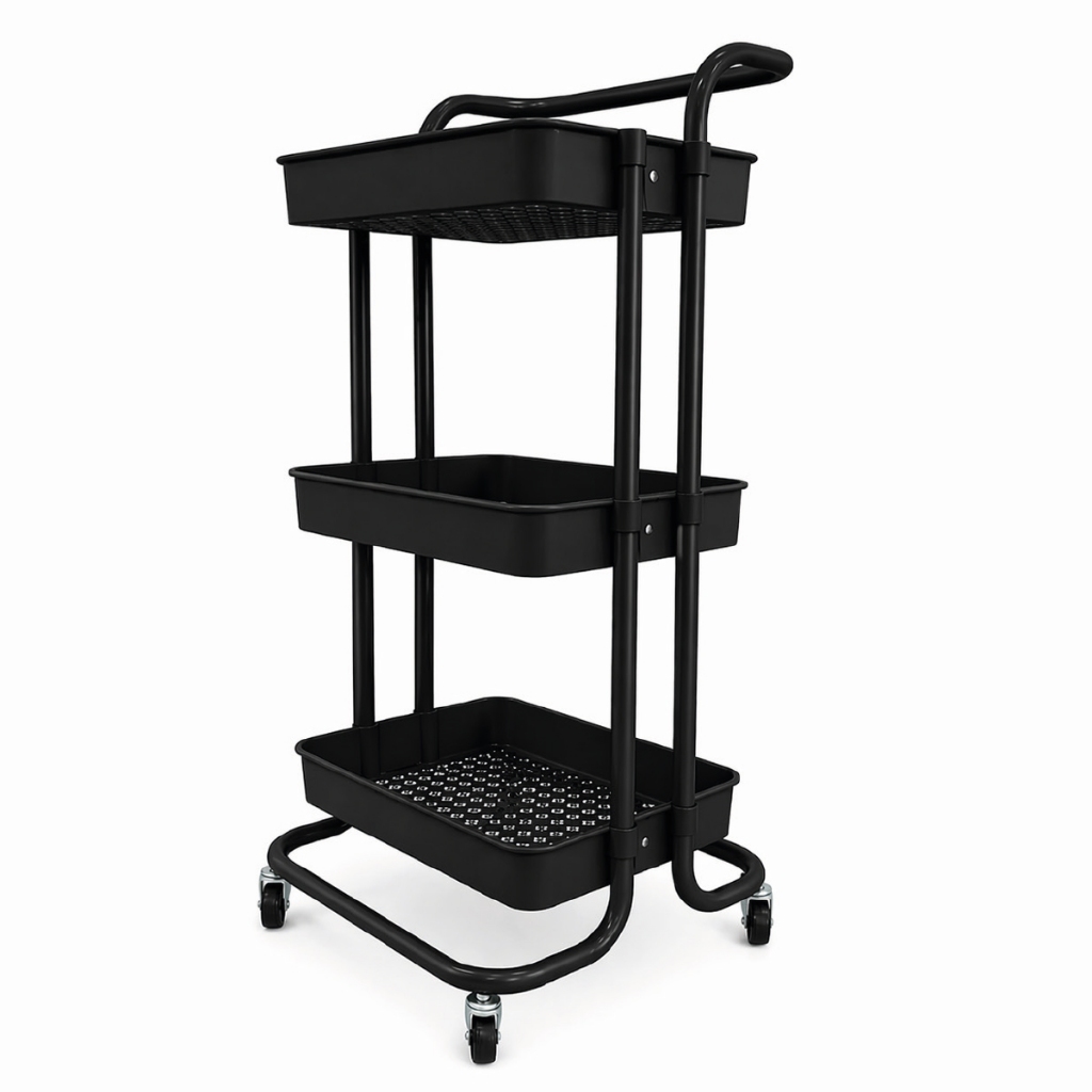 Carrinho Organizador Multiuso com Rodinhas 3 Prateleiras Banheiro Cozinha Lavanderia Resistente 10kg - PRETO