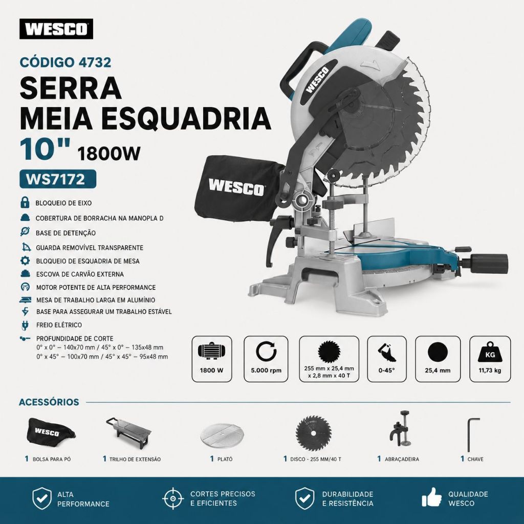Serra Meia Esquadria 10” Wesco 1800W WS7172 Profissional Corte Precisão