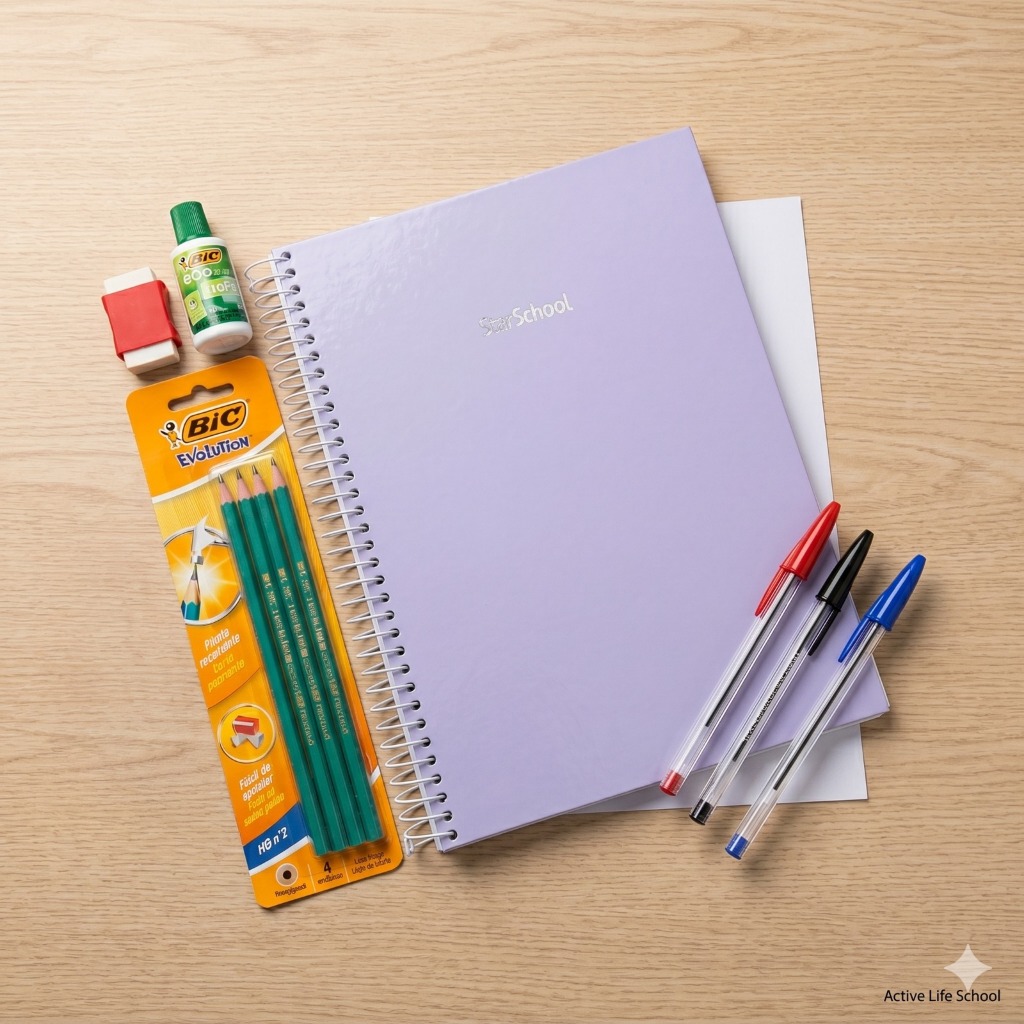 KIT Material Escolar Completo - Caderno 10 Matérias Lilás Lápis Bic Canetas Corretivo Borracha Faber