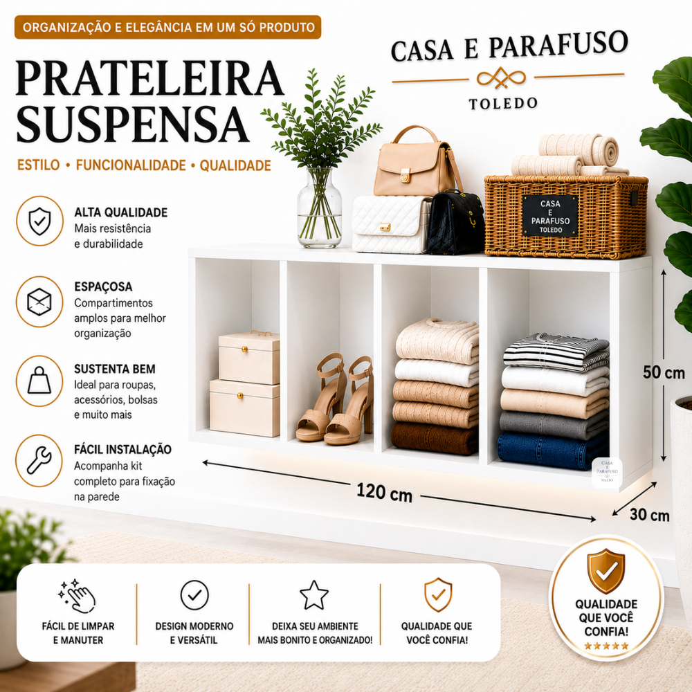 Closet Suspenso 120cm Organizador De Roupas Nicho Parede Moderno 70