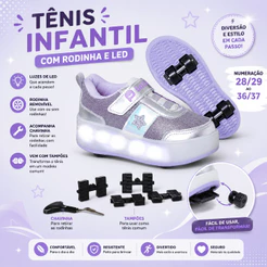 Tênis Infantil Menina Com Rodinha Removível Led Luz Divertido Prata Divertido Tênis Patins
