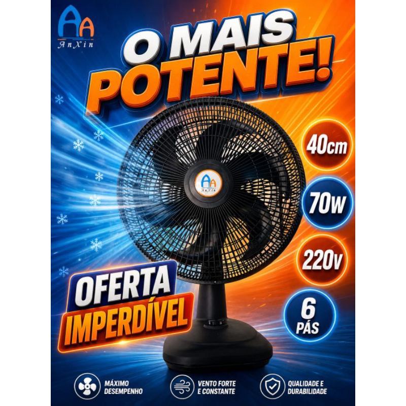 VENTILADOR DE MESA 40CM 6 PÁS 3 VELOCIDADES, OSCILAÇÃO HORIZONTAL 220V 70W