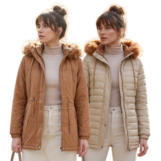 Parka Dupla Face Feminina Impermeável Casaco Frio Intenso Sarja Inverno Capuz Pelinho