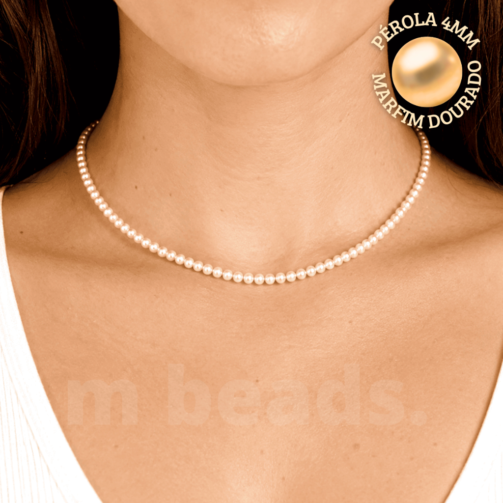 Colar de Perola Marfim Dourado - Chocker Feminino Masculino de Pérolas (4mm) - Corrente Aço Inox (Não Escurece)