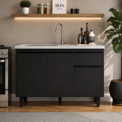 Balcão para Pia de Cozinha Preto MDP 120cm Sem Tampo Armário Cozinha Gabinete 3 Portas 1 Gaveta