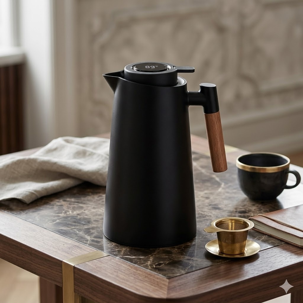 Garrafa Térmica Dolce Home 12h Vacuum Display Digital Preto Cabo Madeira