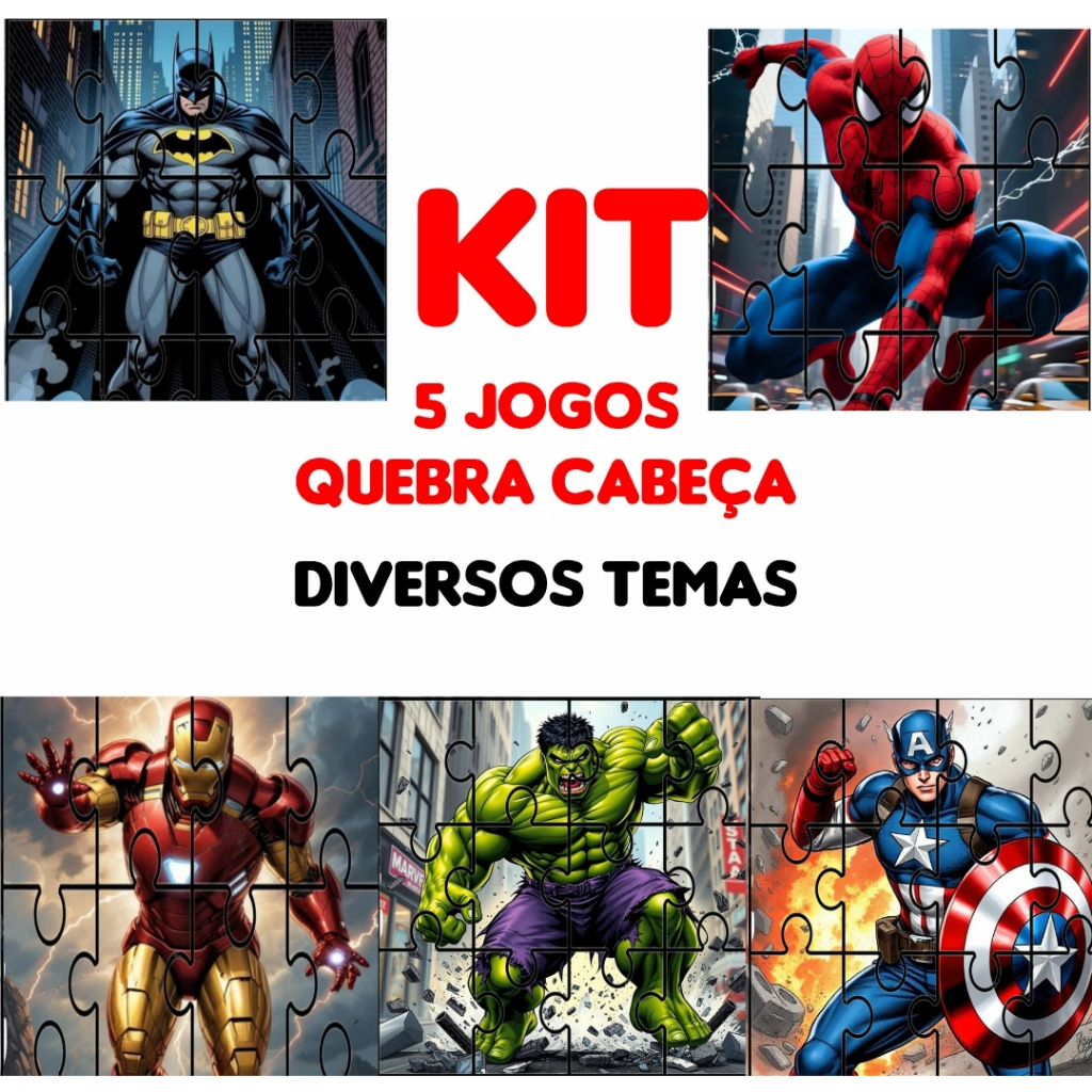 5 Jogos Quebra cabeca diversos temas MDF Infantil educativo puzzle 15cm x15cm