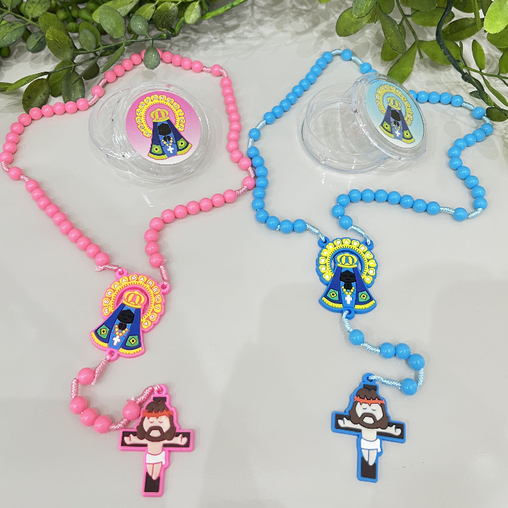 Terço Infantil Nossa Senhora Aparecida Azul ou Rosa emborrachado criança