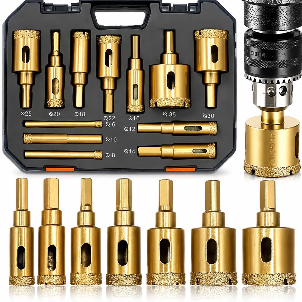 Kit 12 Brocas Diamantadas 6-35mm Serra Copo Resistente Para Furar Mármore Vidro Pedra Granito Cerâmica Com Acessórios