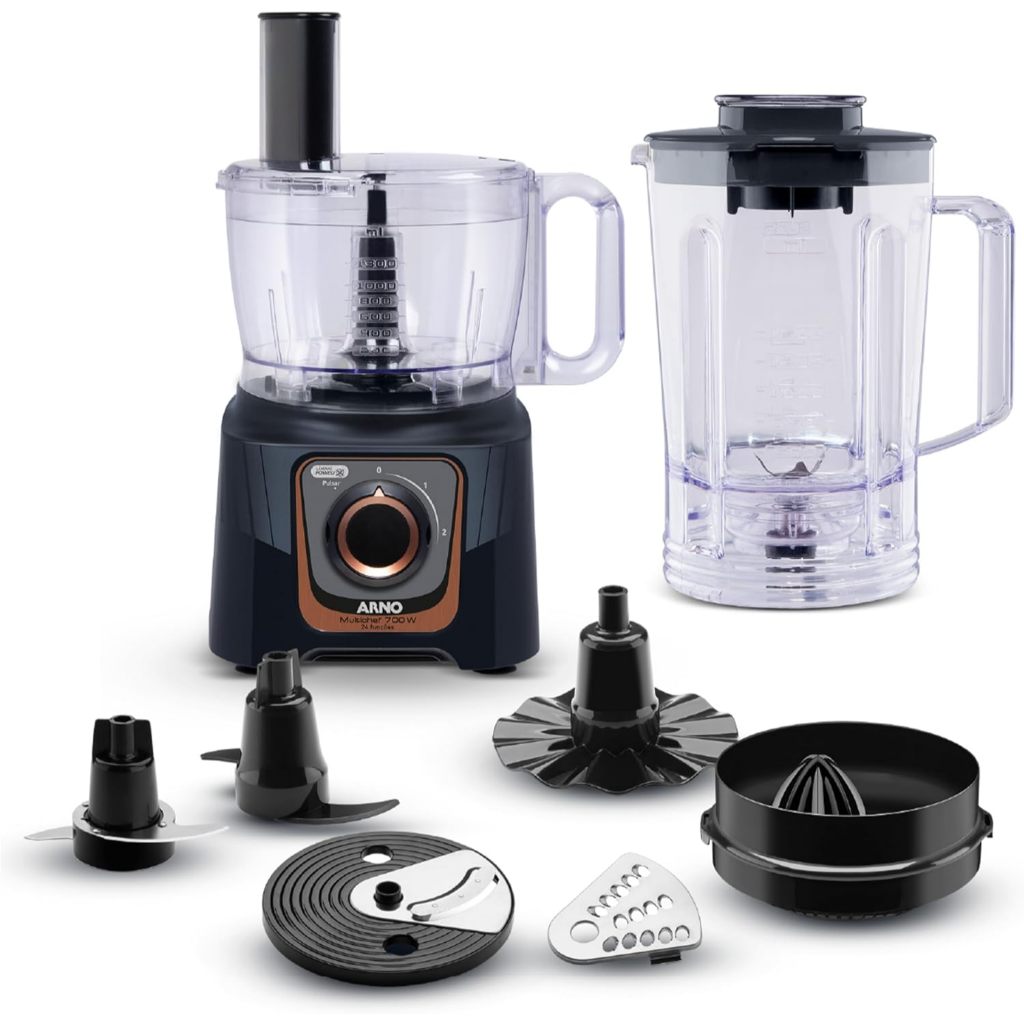 Multiprocessador Arno Multichef 700W MP72, com 24 Funções, Preto, 7 Acessórios, 2 Velocidades, Liquidificador 3,1L e Esp