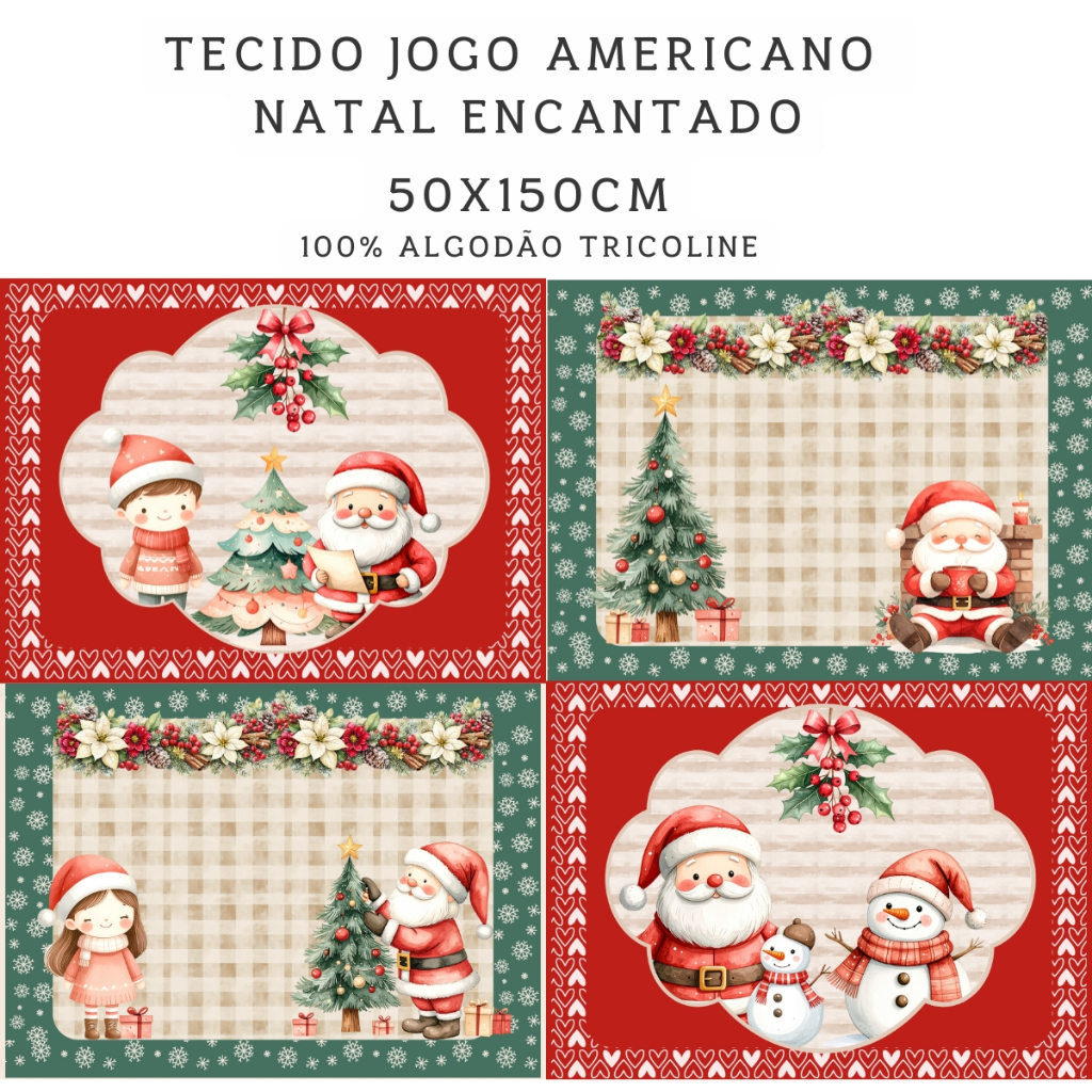 Tecido Tricoline Digital 4 Jogo Americano Natal Encantado 100% Algodão 55x150cm Maria Flor