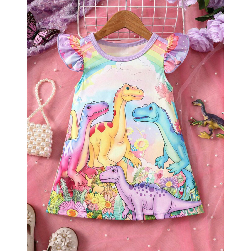 Vestido de manga babado impresso com dinossauro para bebês meninas elegante e fofo