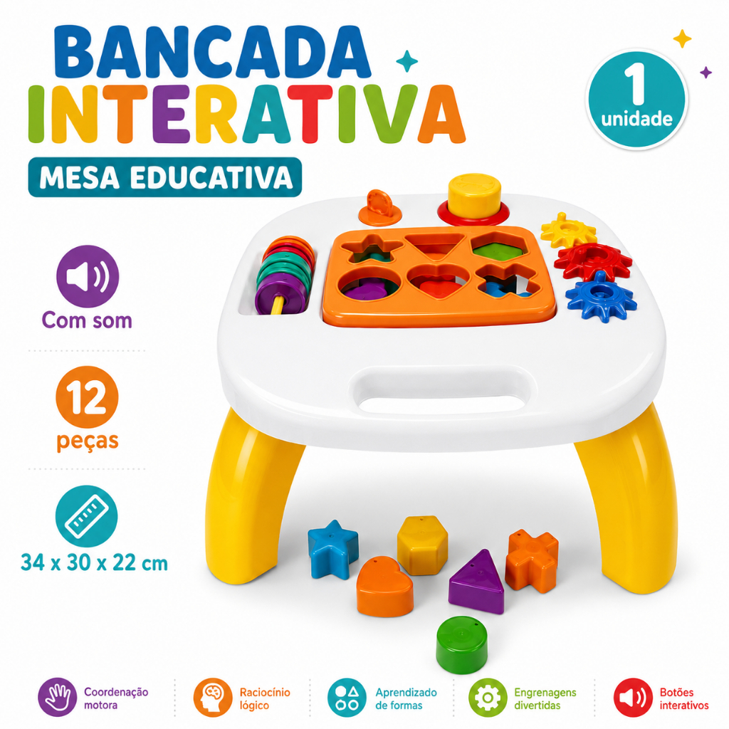 Mesa Educativa Infantil Bancada Interativa Com Som 12 Peças Brinquedo Didático