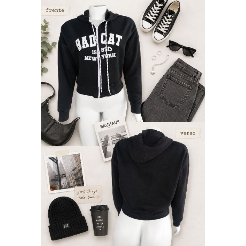 Moletom Cropped Feminino Bet Cat Preto Com Capuz e Zíper Tam M
