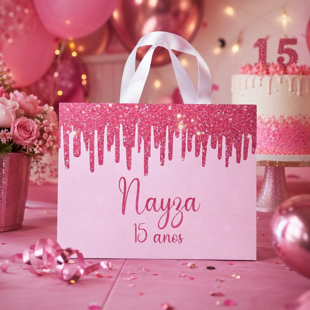 Sacolinha 15 Anos Rosa com Glitter Personalizada com Nome | Lembrancinha Pegue e Monte