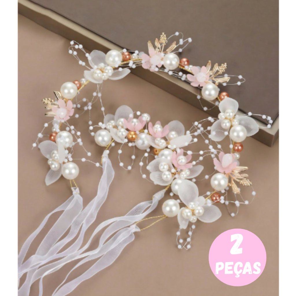 Kit Tiara + Pulseira com Pérolas Estilo Princesa | Acessório Feminino para Festa, Casamento, Batizado e Daminha