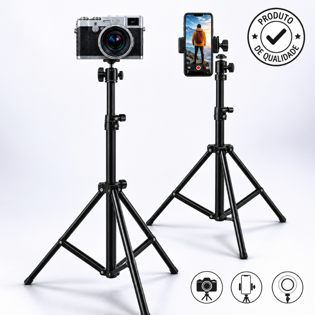 Tripé Profissional 2,1m Ajustável, Estável para Celular e Câmera | Ideal para Lives, Vídeos e Fotos + Ring Light