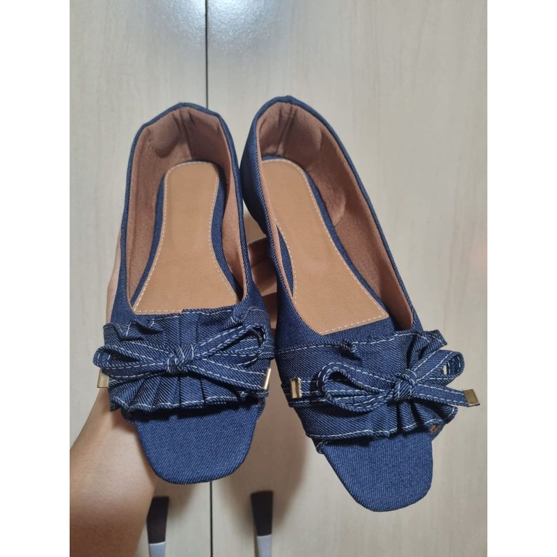 Sapatilha Sandalia Rasteirinha Aberta Feminina Laço Azul Jeans N° 37 Casual Confortável Dia a Dia
