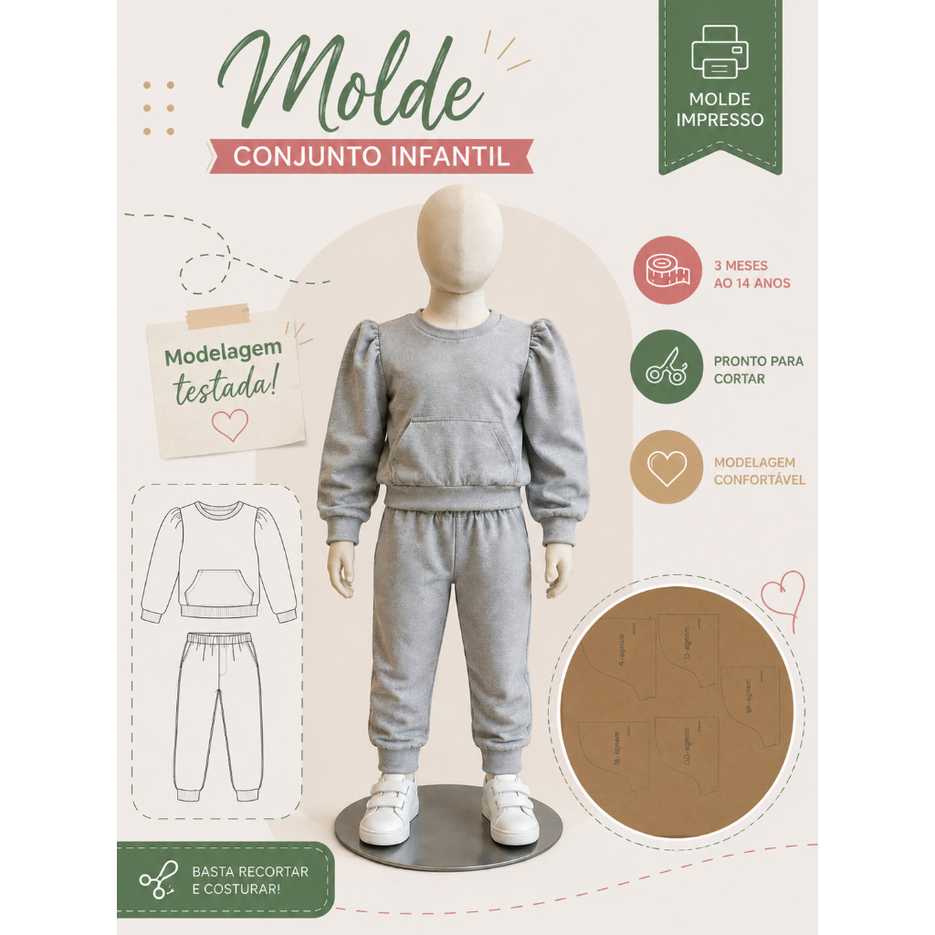 Molde para costura conjunto moletom infantil 5129 em kraft para recorte