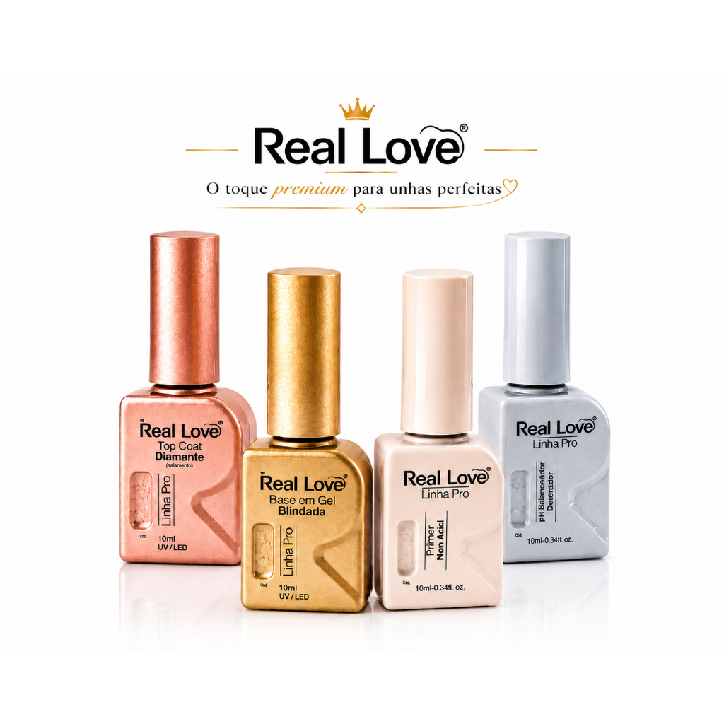 Kit Linha Pro Real Love Unhas em Gel Primer Base Blindada Top Coat e Regulador de pH UV LED