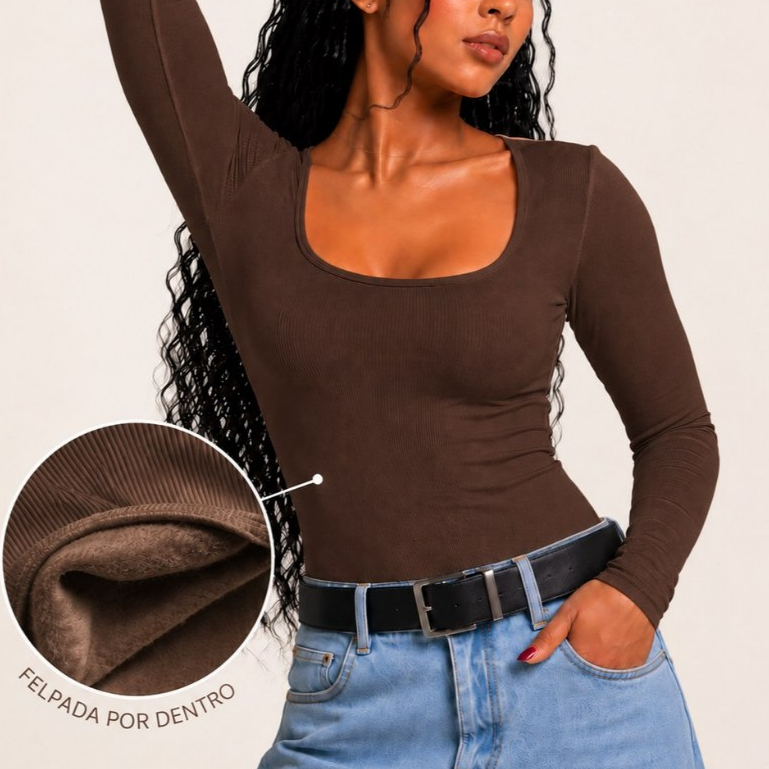 Blusa Feminina Manga Longa Felpada Decote Quadrado Inverno Quentinha Ribana Canelado