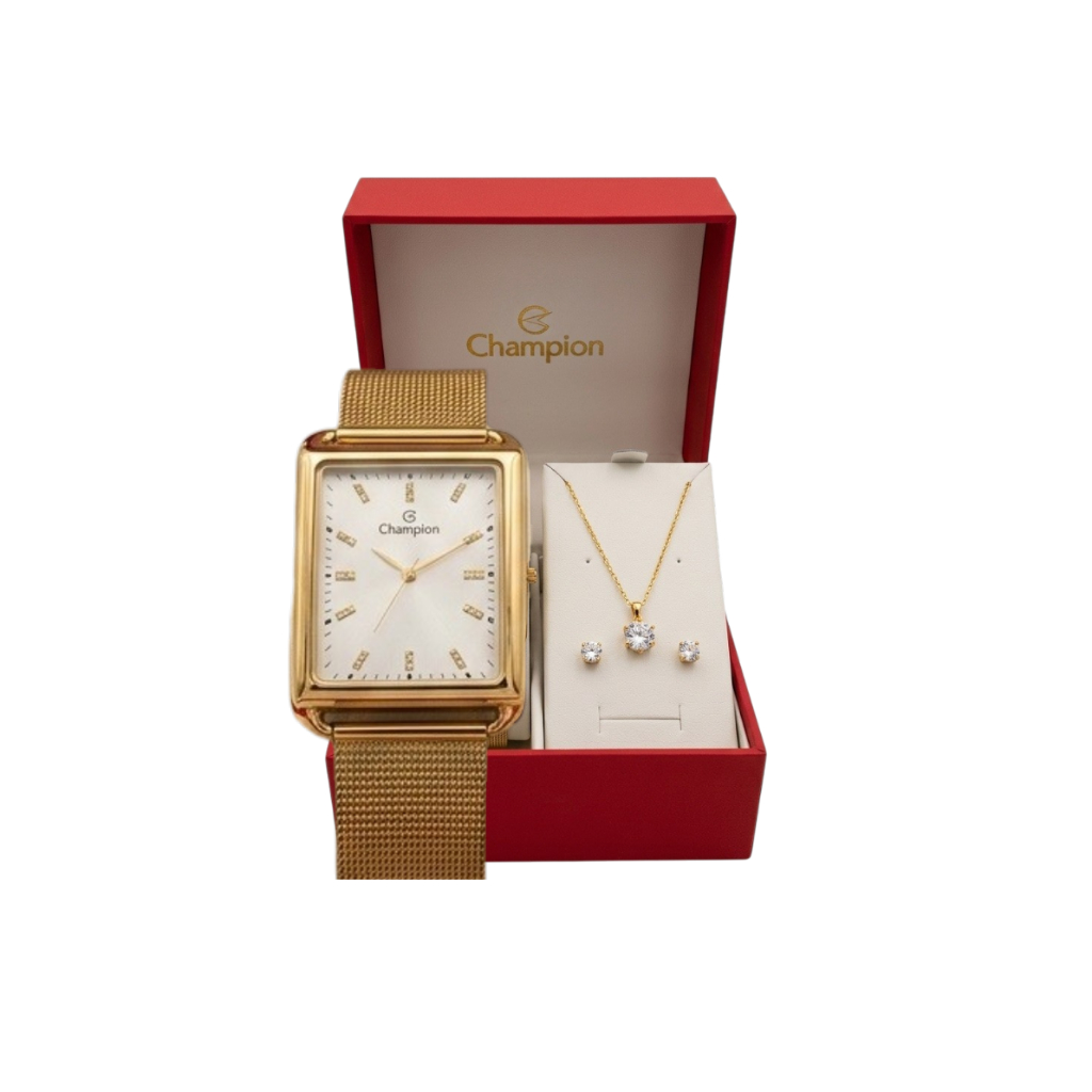 Relógio Champion Feminino com Colar e Brinco Dourado Mulher Presente Namorada Mãe Aniversário