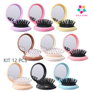 ANA1108 KIT 12 Pcs Mini Escova de Cabelo Dobrável Com Espelho-Portátil e Perfeita Para Bo…